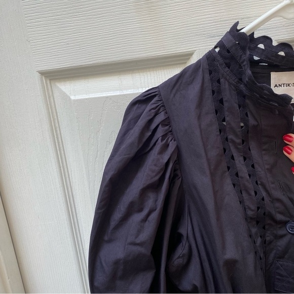 NEW Antik Batik Mali navy blue long sleeve button lace dress puff sleeve 40 - Picture 6 of 13